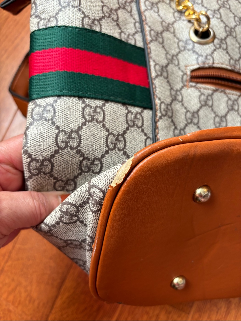Gucci Brown Monogram Tote with Green & Red Stripe - Picture 9 of 13